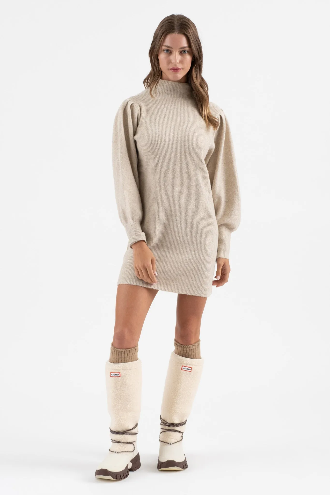 MOCK NECK LONG PUFF SLEEVE KNIT SWEATER DRESS