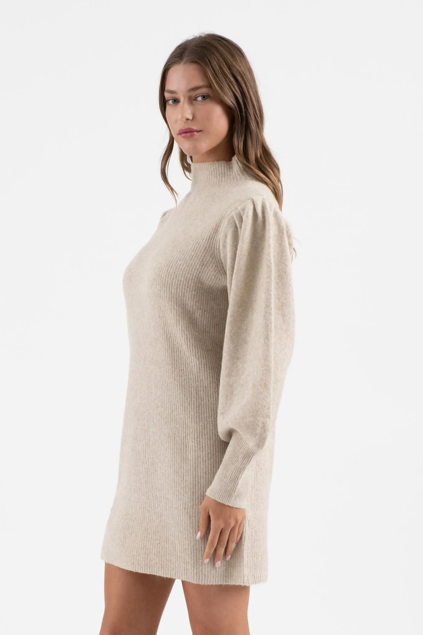 MOCK NECK LONG PUFF SLEEVE KNIT SWEATER DRESS