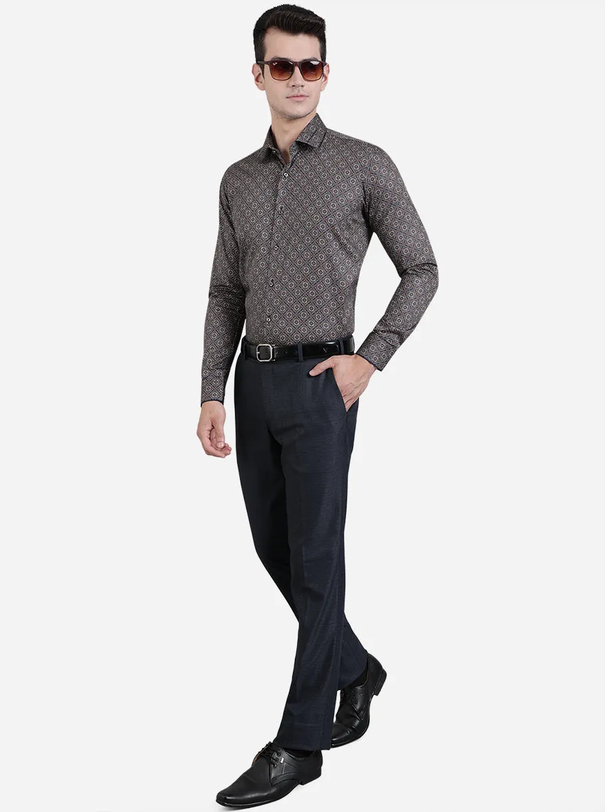 Navy Blue & Beige Printed Slim Fit Party Wear Shirt | JB Studio