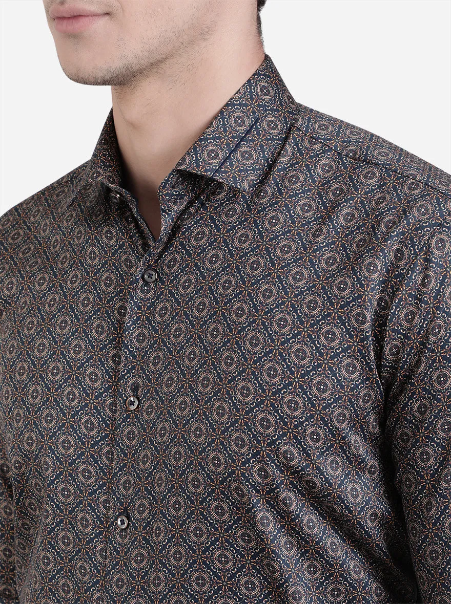 Navy Blue & Beige Printed Slim Fit Party Wear Shirt | JB Studio