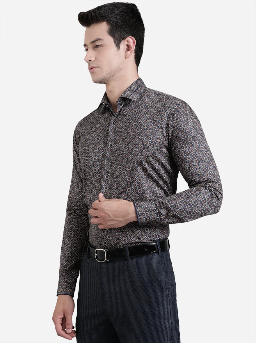 Navy Blue & Beige Printed Slim Fit Party Wear Shirt | JB Studio