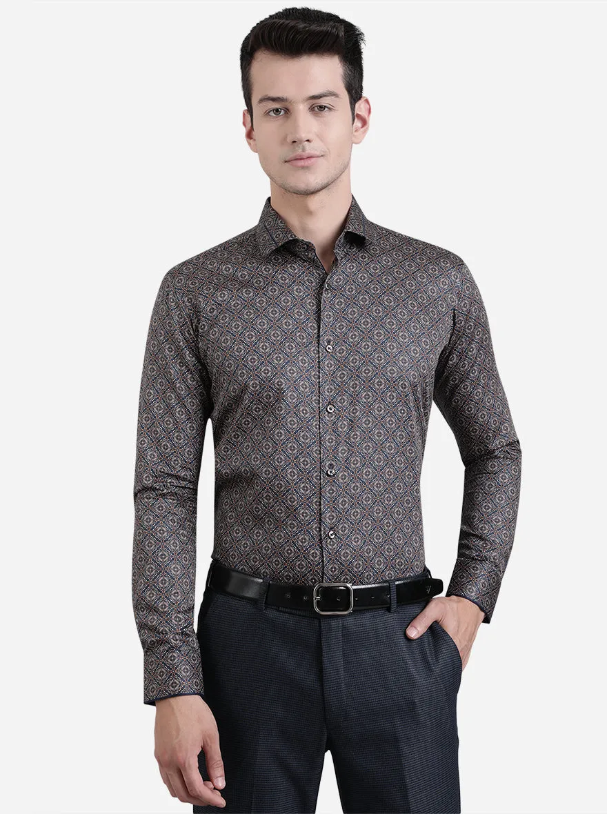 Navy Blue & Beige Printed Slim Fit Party Wear Shirt | JB Studio