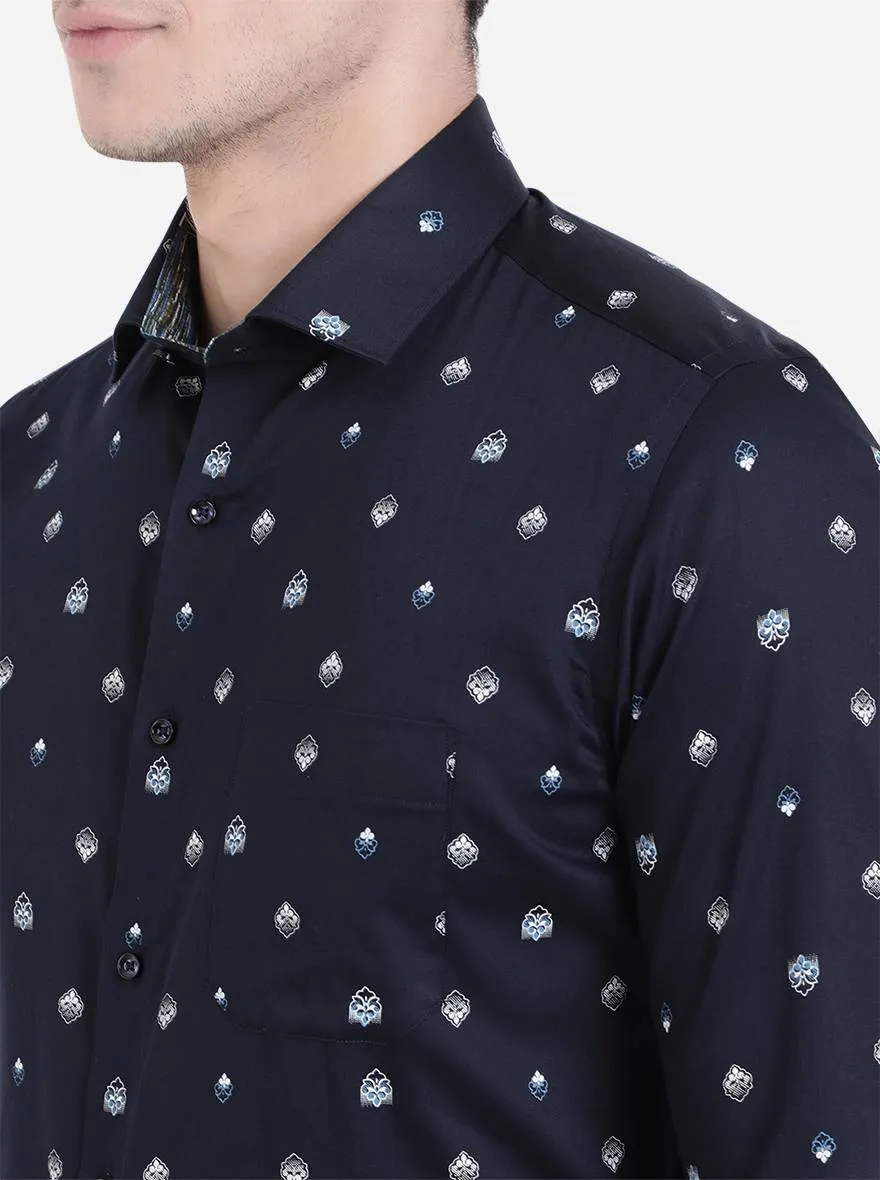 Navy Blue & White Printed Slim Fit Party Wear Shirt | Greenfibre