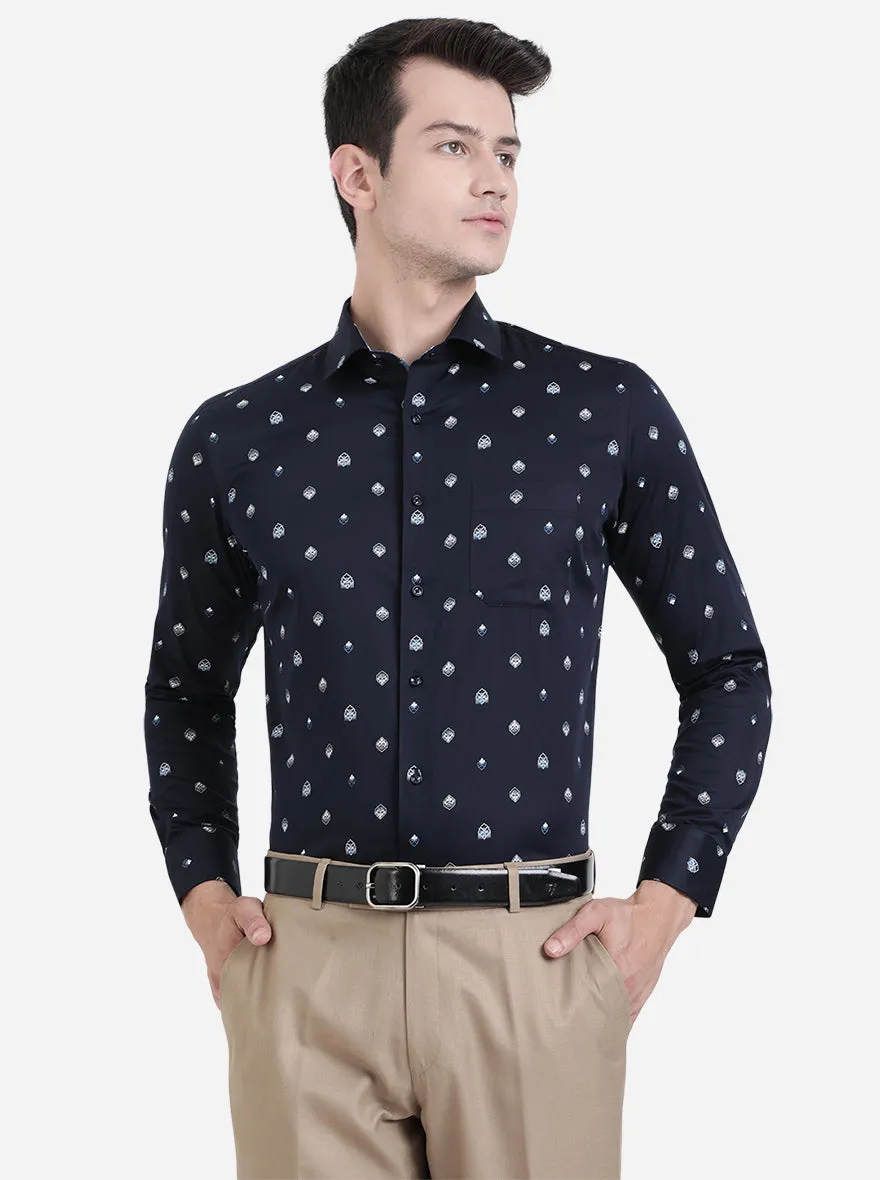 Navy Blue & White Printed Slim Fit Party Wear Shirt | Greenfibre