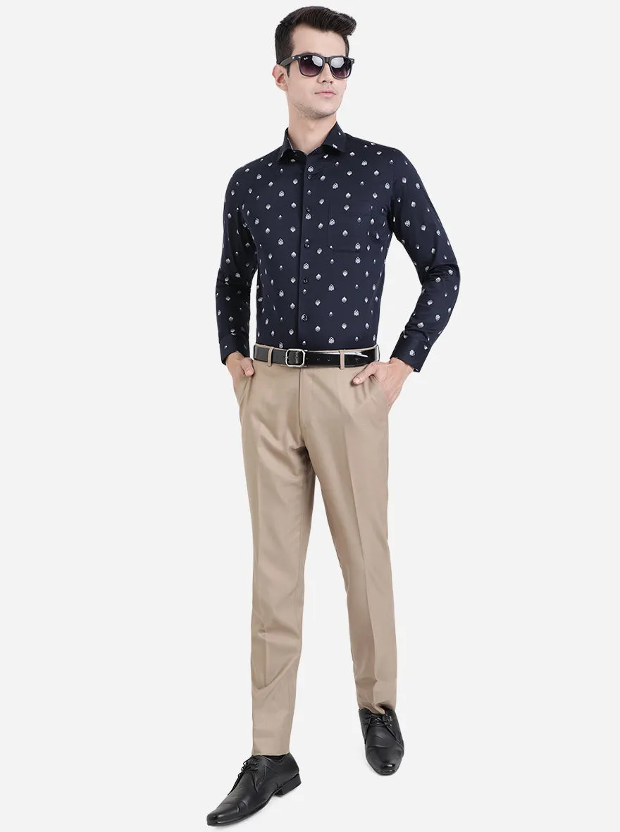 Navy Blue & White Printed Slim Fit Party Wear Shirt | Greenfibre