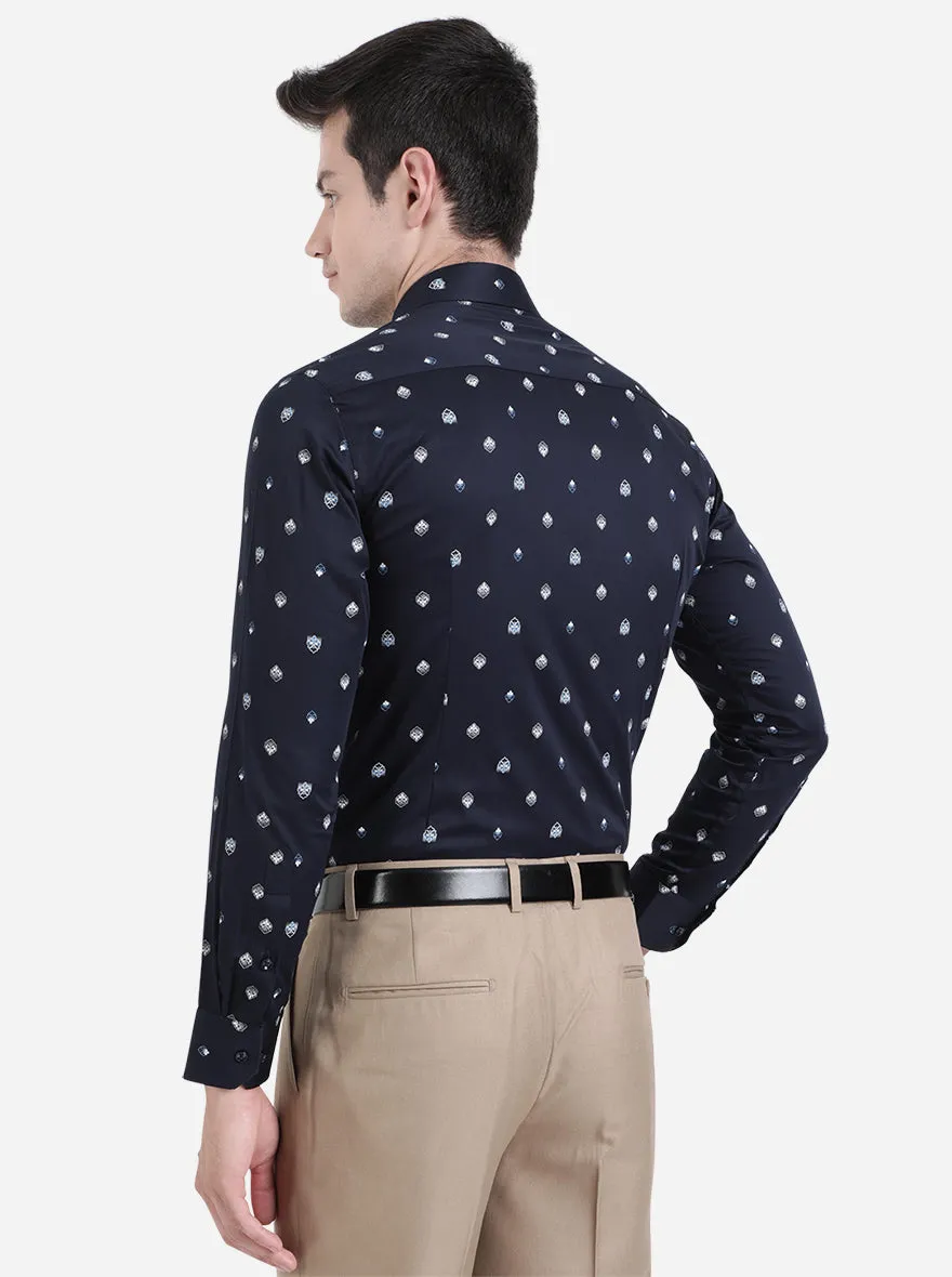 Navy Blue & White Printed Slim Fit Party Wear Shirt | Greenfibre