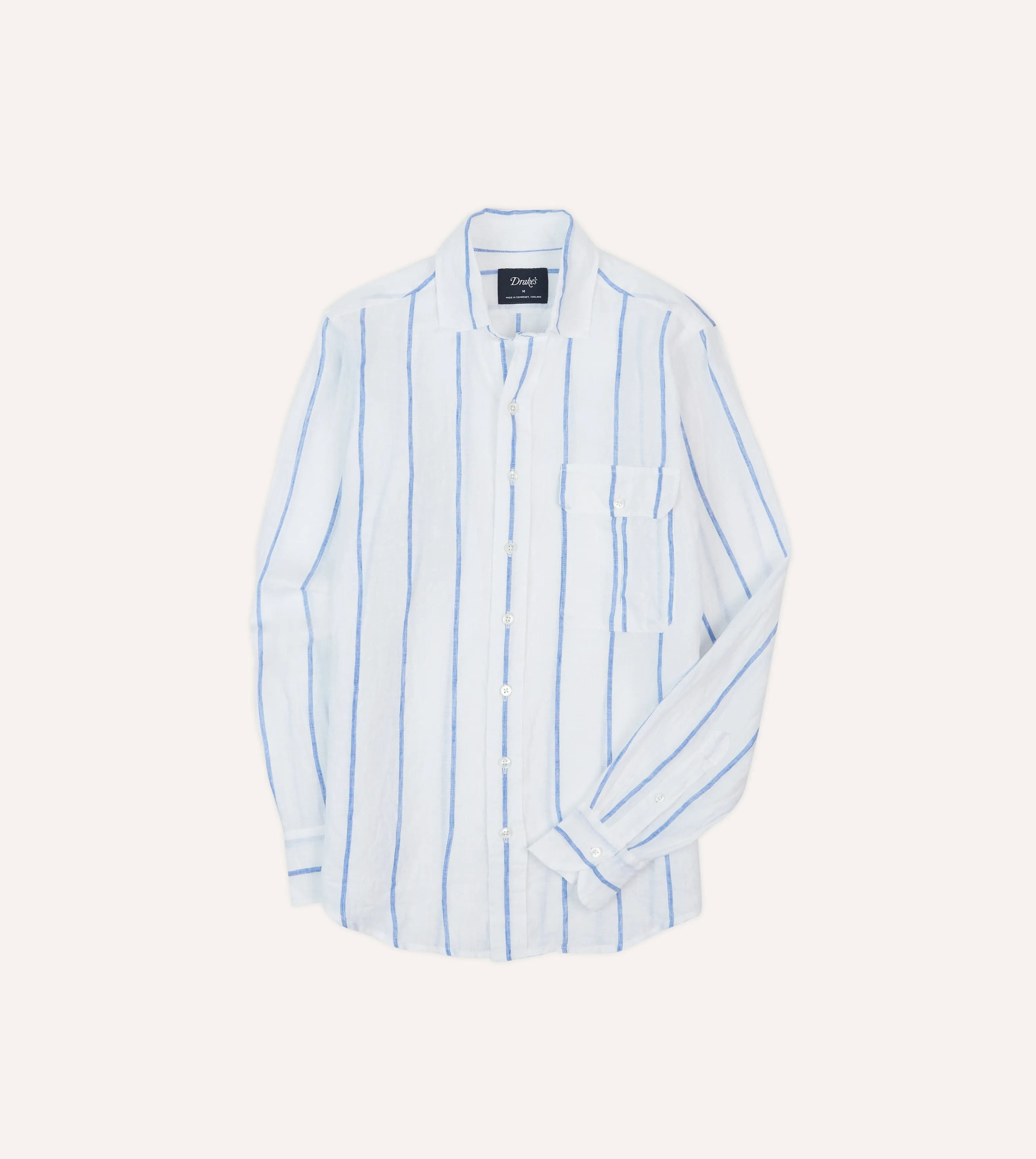 Navy Wide Stripe Linen Spread Collar Shirt