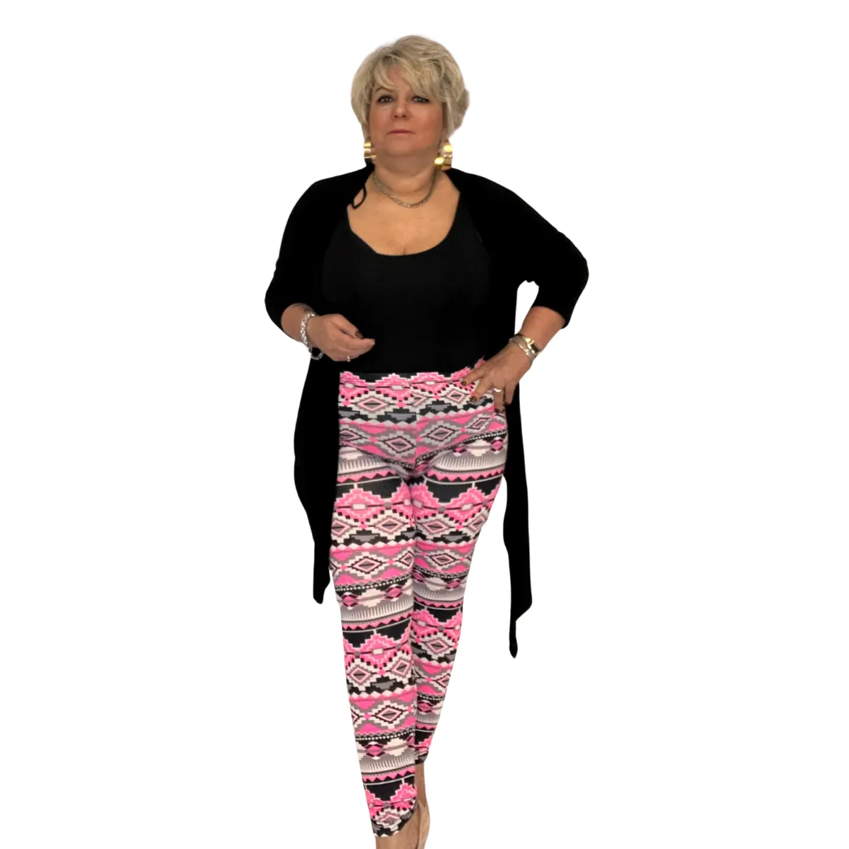 NEON PINK BLACK AZTEC HIGH RISE PLUS SIZE LEGGINGS