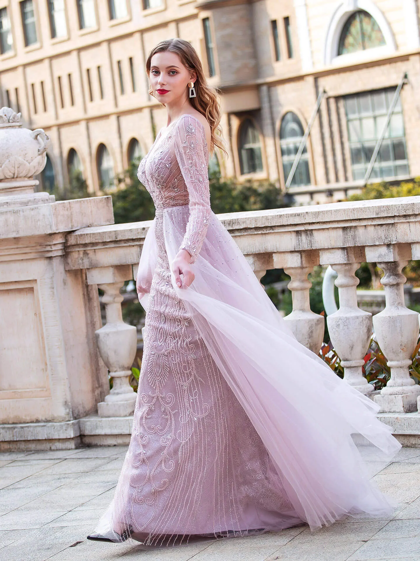 Numbersea Mermaid V-neck Beaded Luxurious Fashion Formal Evening Dresses Long Sleeve Floor Length Prom Dresses