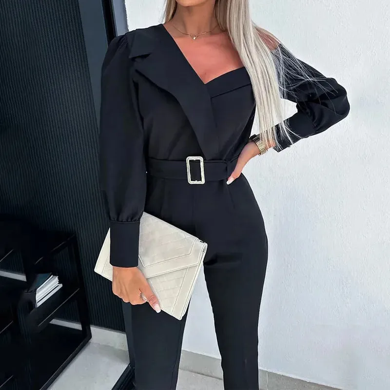 Oblique Shoulder Collar Waist Jumpsuit