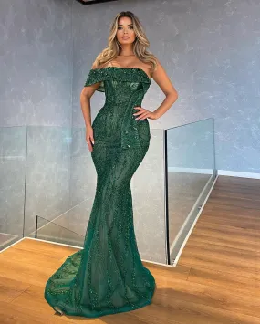 Off Shoulder Green Embellished Evening Dress