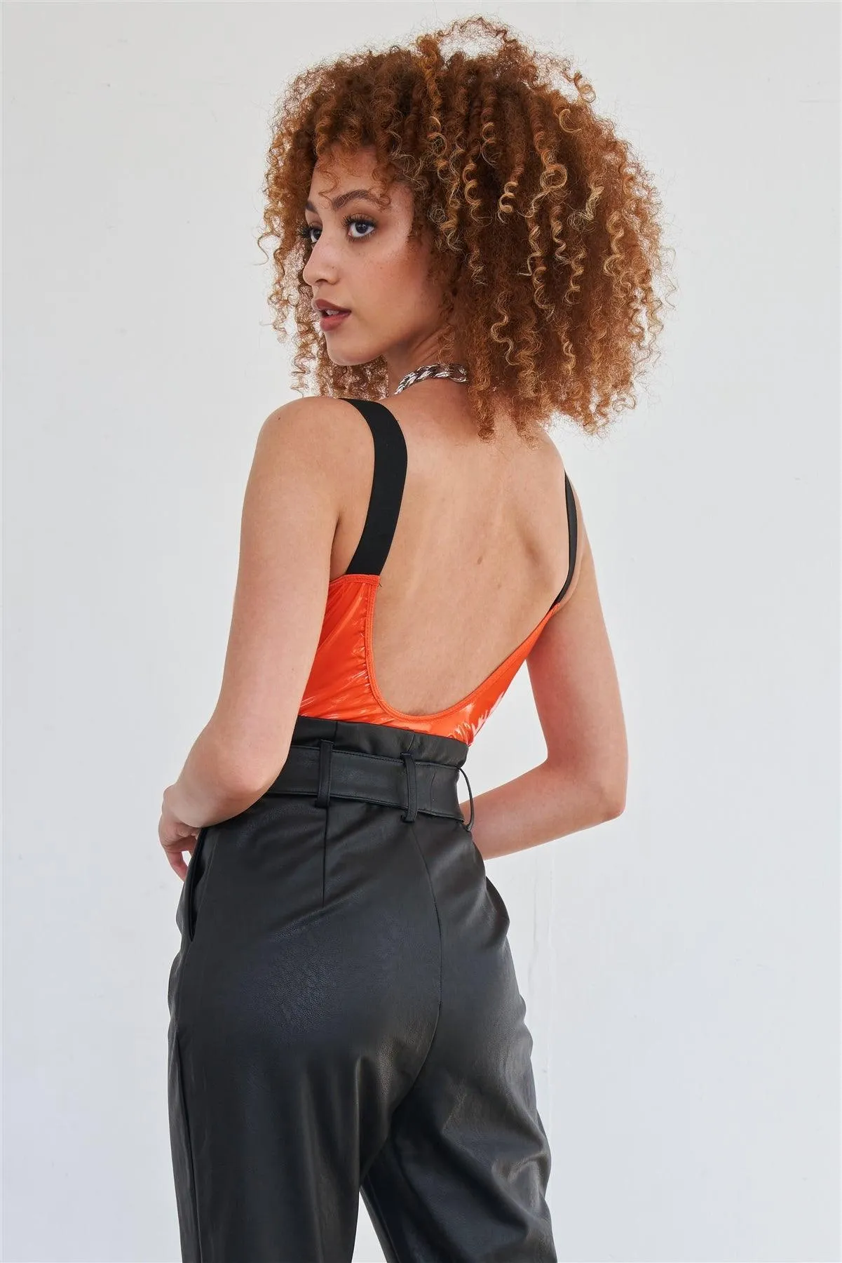 Orange Vegan Leather Elastic Strap Bustier Bodysuit /2-2-2