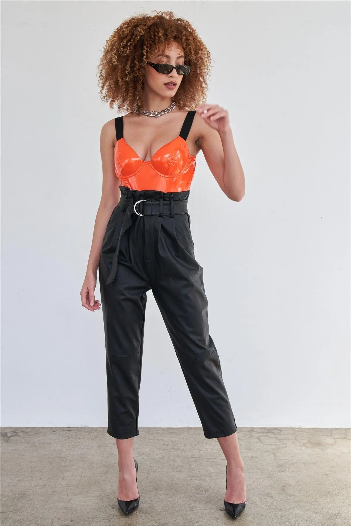 Orange Vegan Leather Elastic Strap Bustier Bodysuit /2-2-2