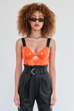 Orange Vegan Leather Elastic Strap Bustier Bodysuit /2-2-2