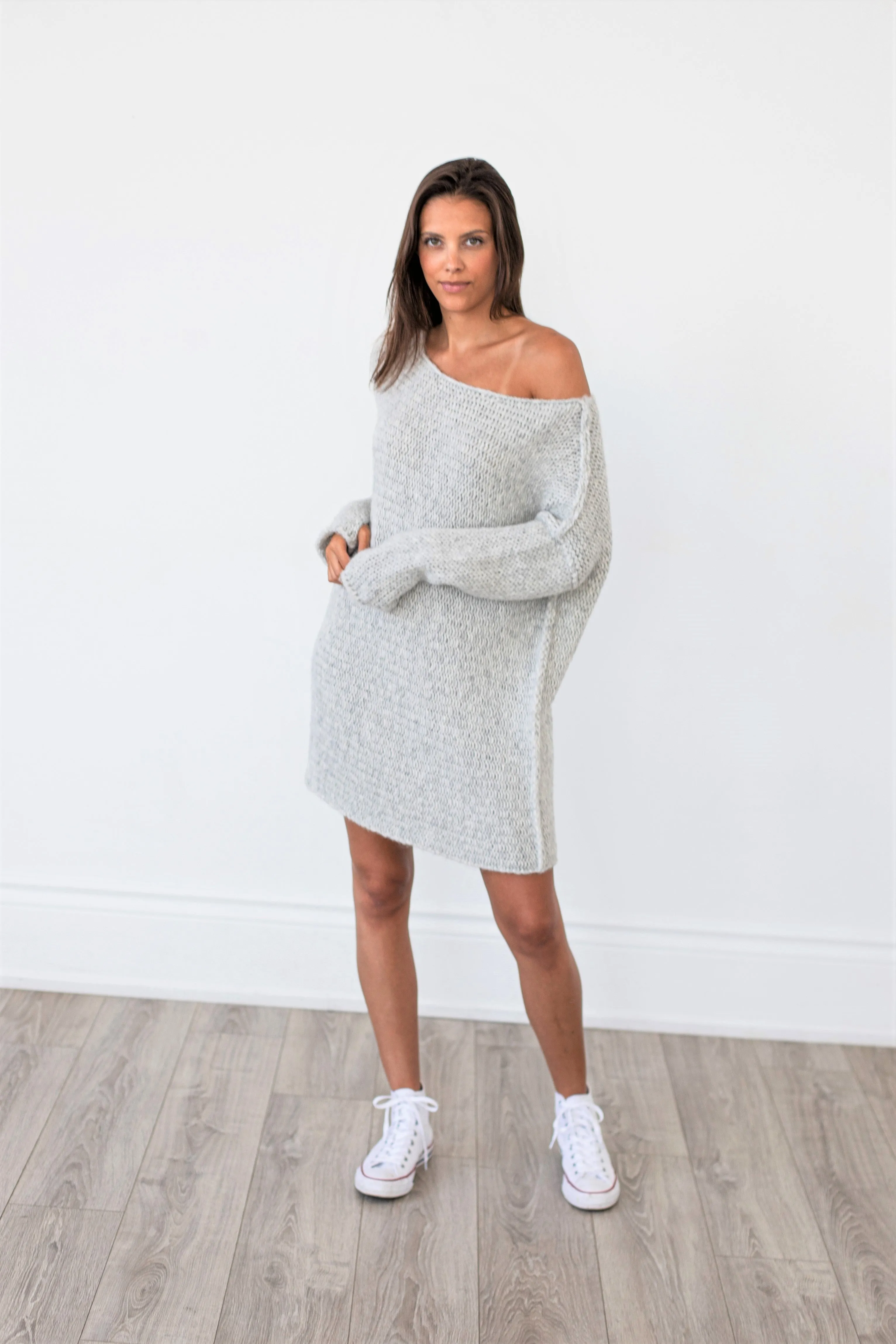 Pearl grey chunky knit alpaca sweater .