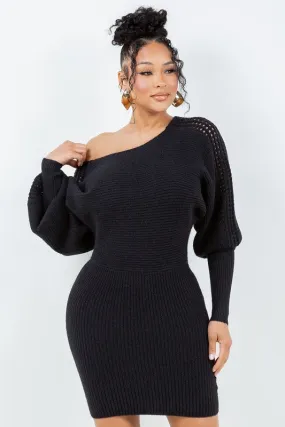 Peep Shoulder Flare Sleeve Sweater Dress