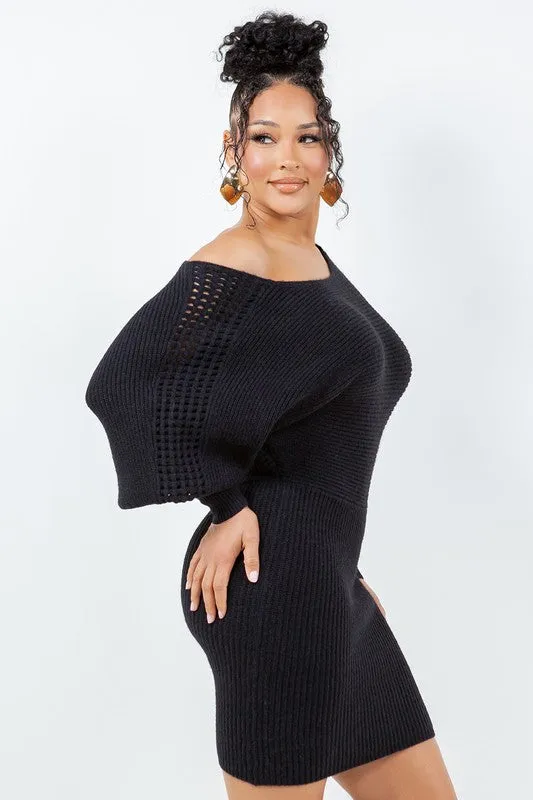 Peep Shoulder Flare Sleeve Sweater Dress