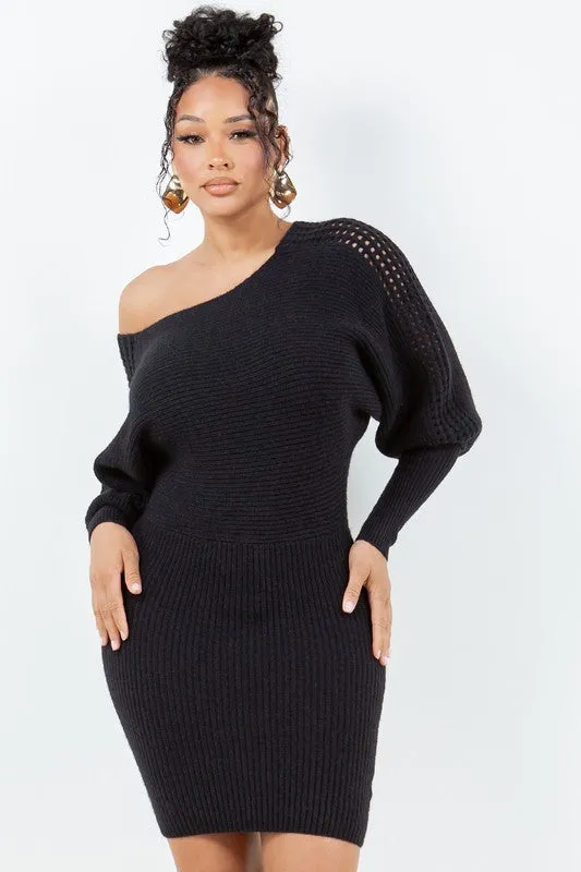 Peep Shoulder Flare Sleeve Sweater Dress