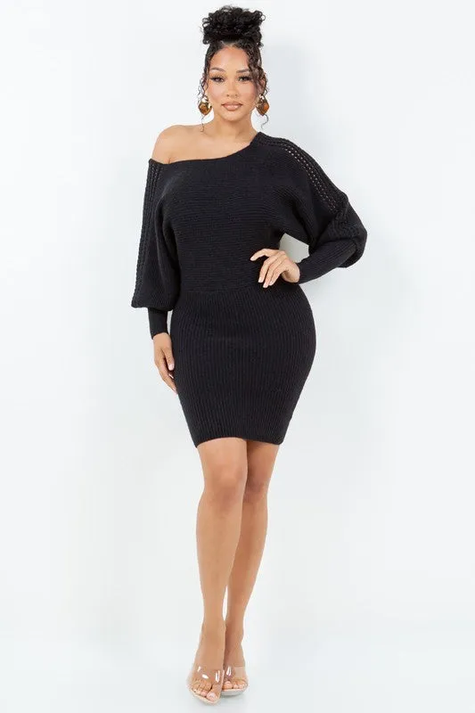 Peep Shoulder Flare Sleeve Sweater Dress