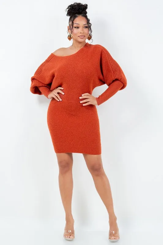 Peep Shoulder Flare Sleeve Sweater Dress