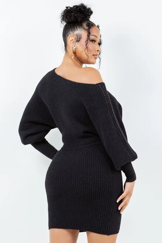 Peep Shoulder Flare Sleeve Sweater Dress