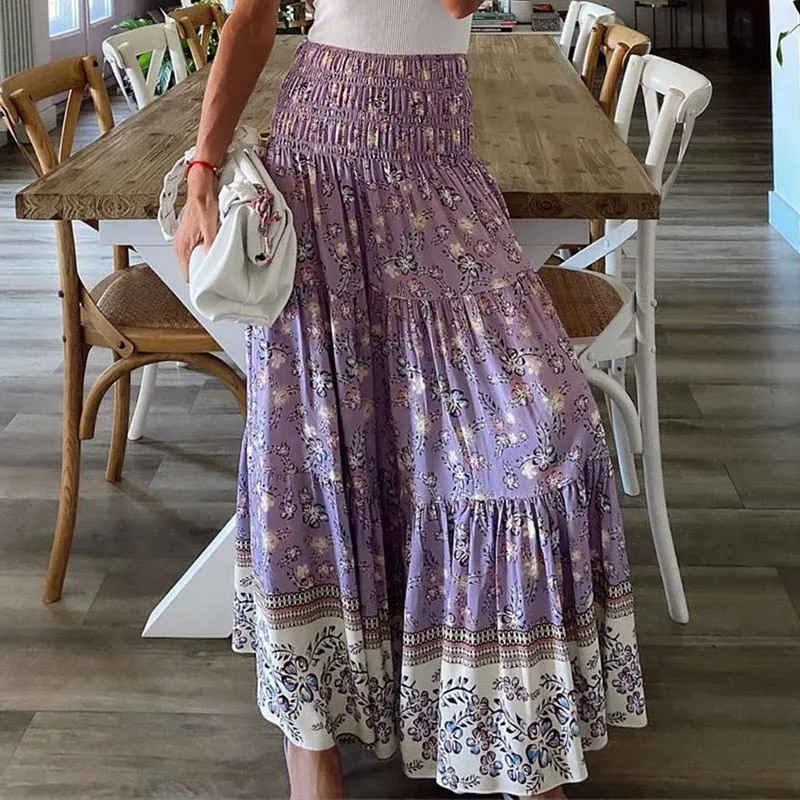 Pleated Elastic High Waist Maxi Skirt