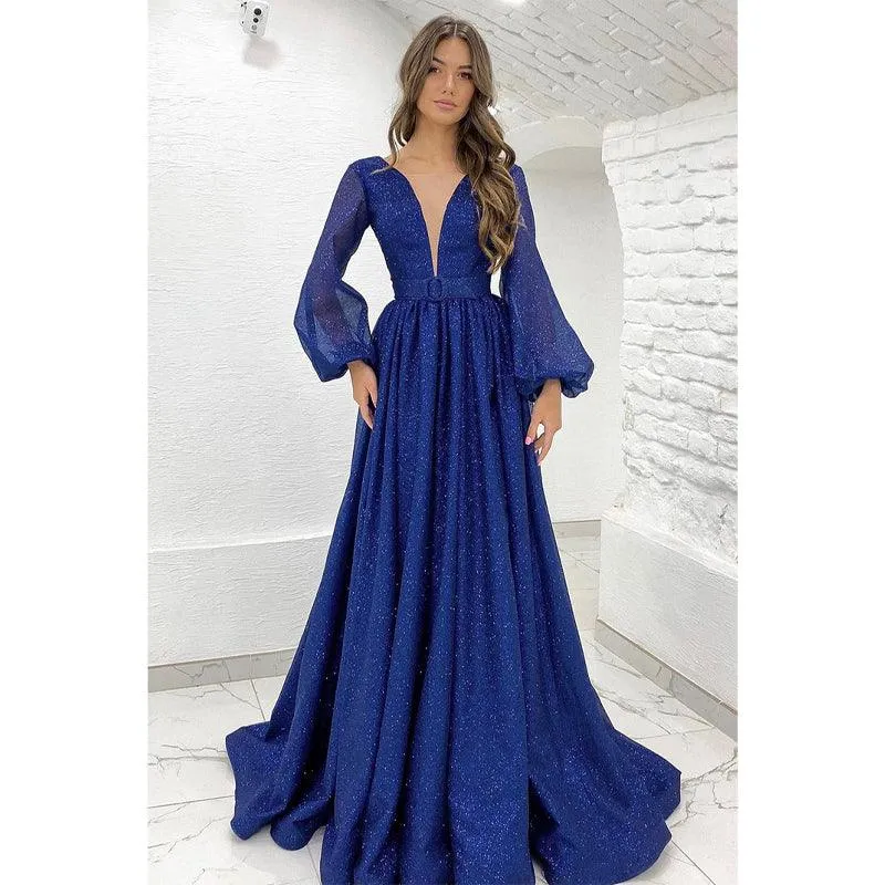 Plunging V-neck Long Sleeves A-line Sparkly Prom Dress