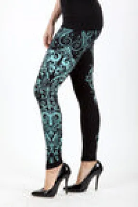 PLUS LEGGINGS W/ FLOWING PATTERN PRINT & STONE DETAIL - TEAL