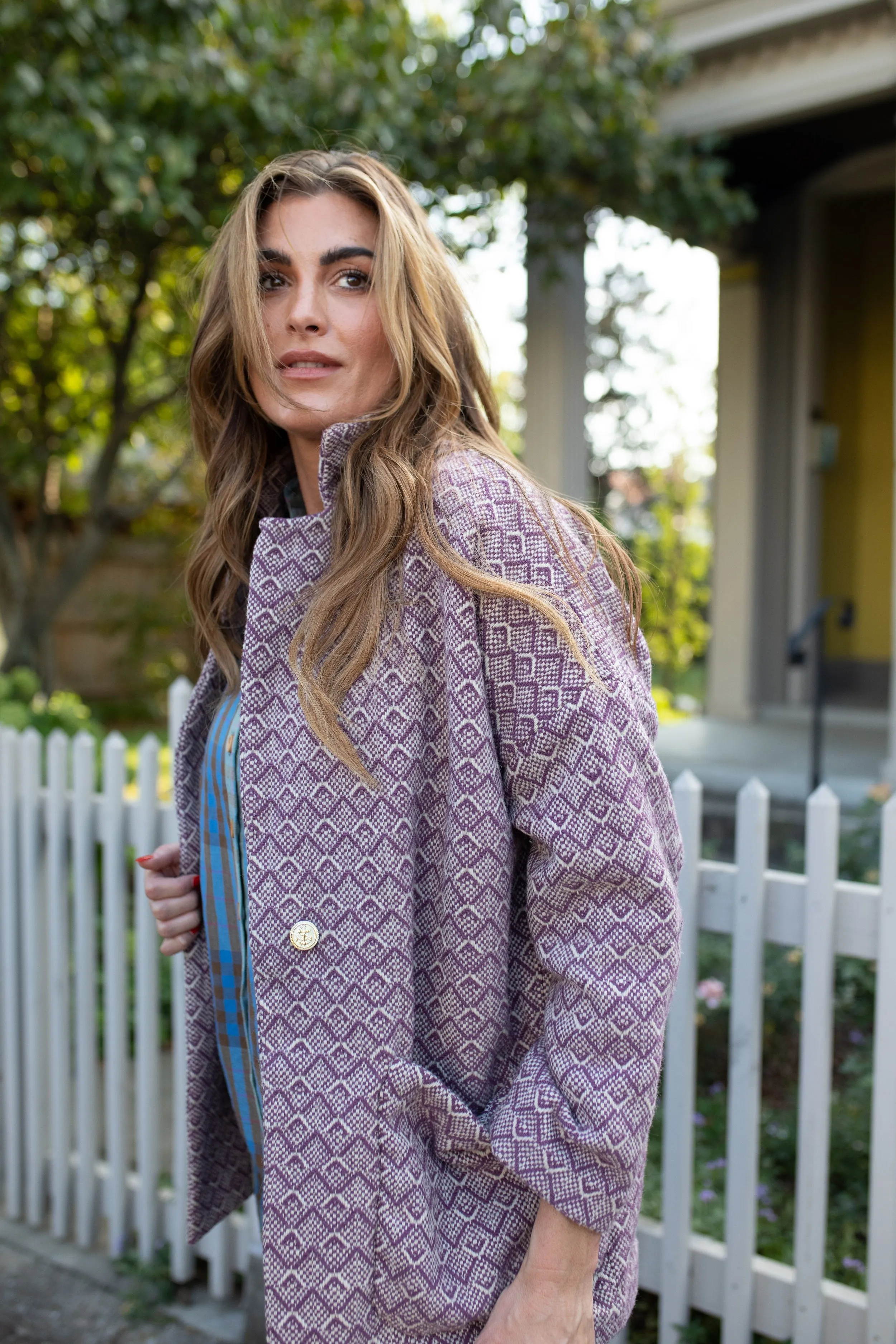 Portuguese Wool Pieper Coat in Purple Dot - M Samples