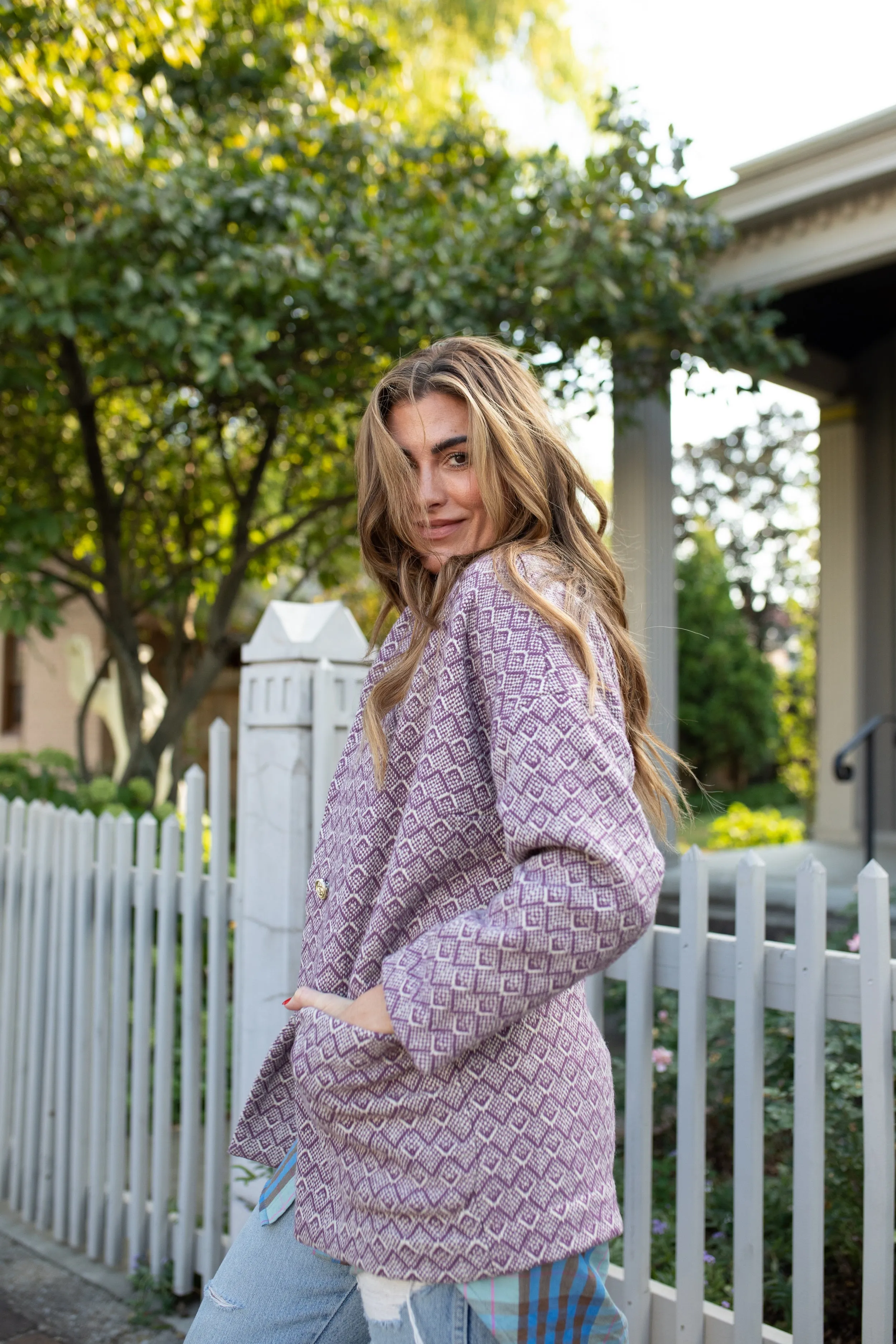 Portuguese Wool Pieper Coat in Purple Dot - M Samples