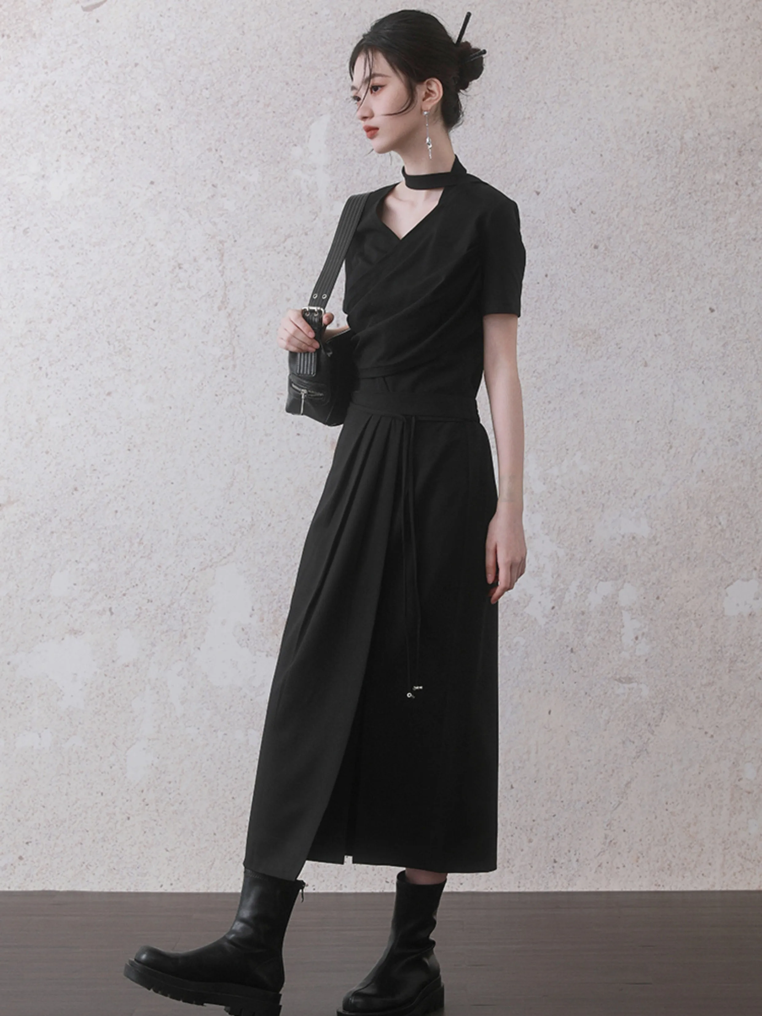 Pressed Pleated Slit Wrap Style Skirt