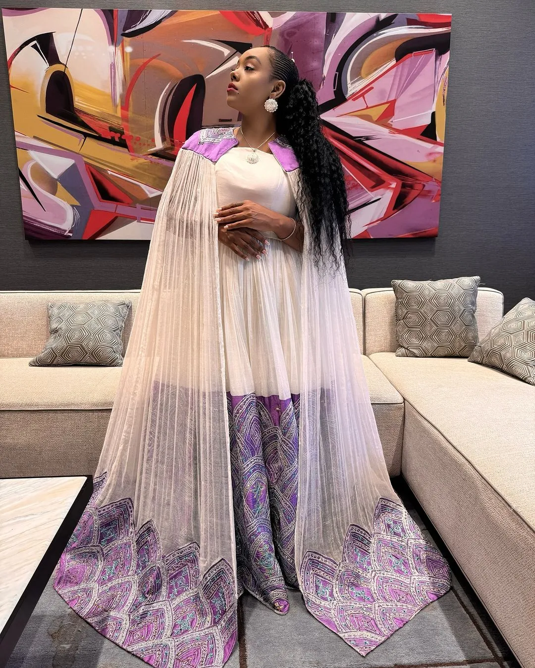 Purple Majesty with Habesha Dress: Breathtaking Embroidery Design on Traditional Ethiopian Dress Beautiful Habesha Kemis