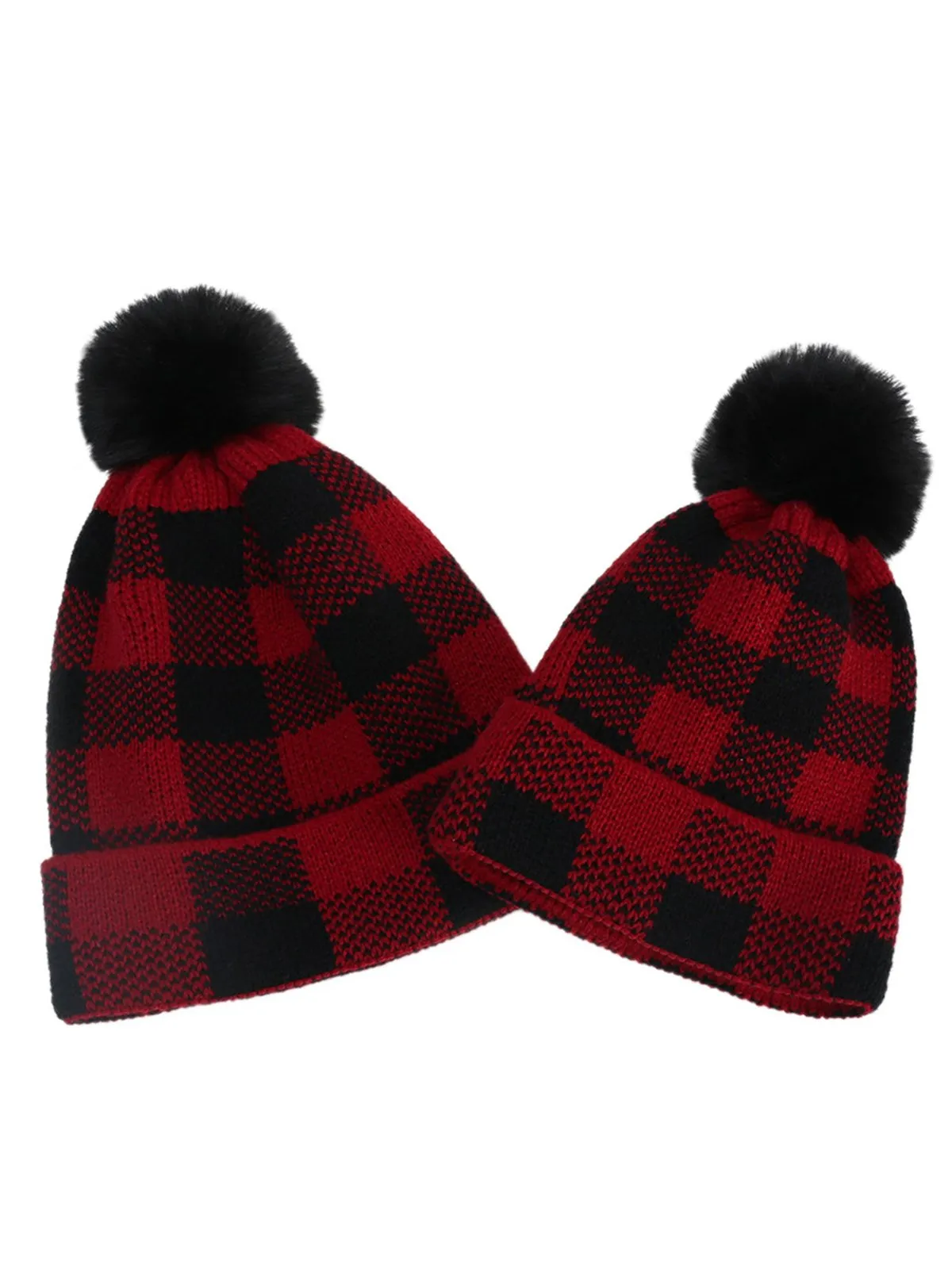 Red & Black Plaid Hairball Knitted Child Hat