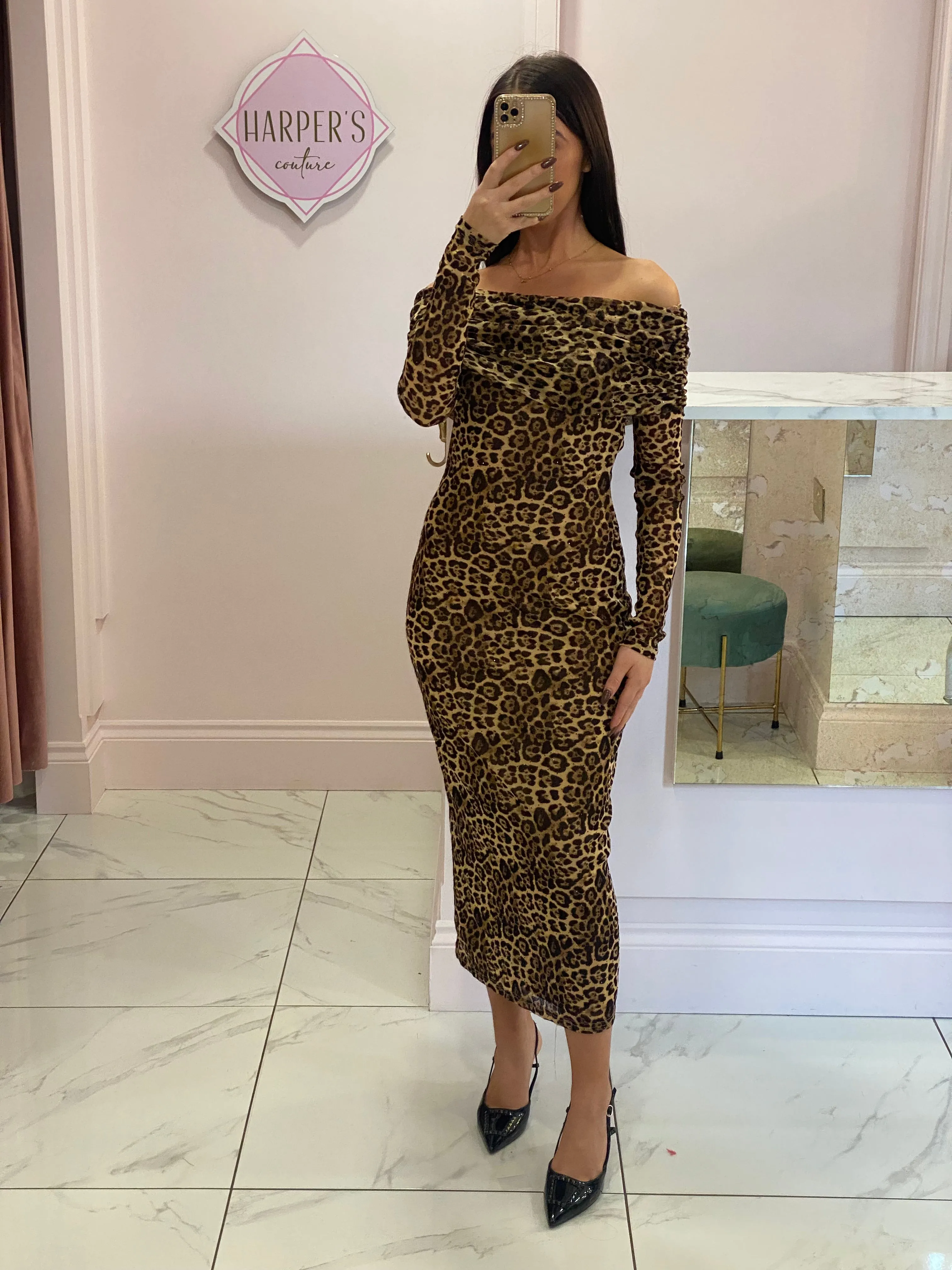 Remmee Long Sleeve Mesh Leopard Print Dress