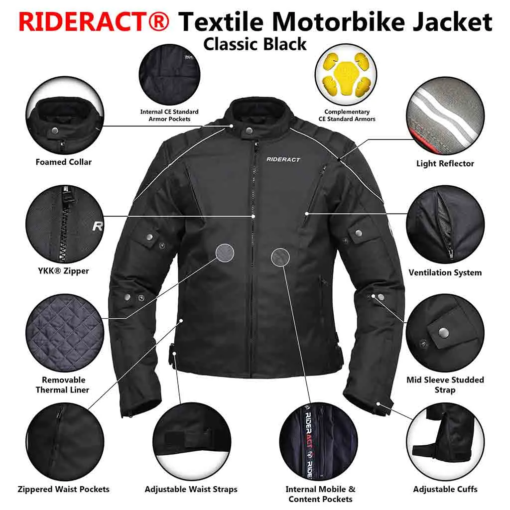 RIDERACT® Waterproof Motorcycle Jacket Cordura Classic Black