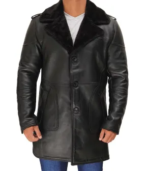 Russo Mens Wide Collar Black Leather Winter Shearling Coat