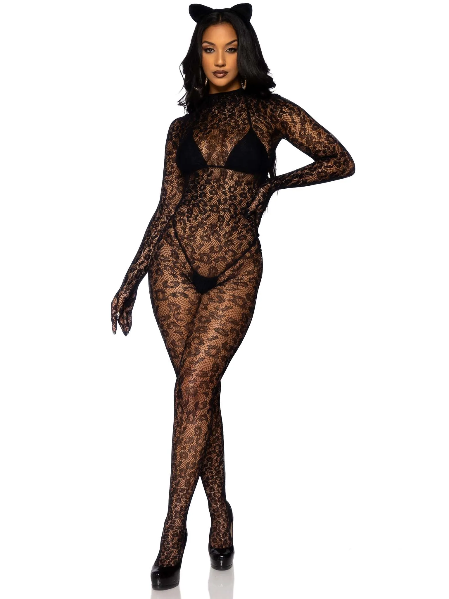 Seamless Leopard Net Gloved Catsuit