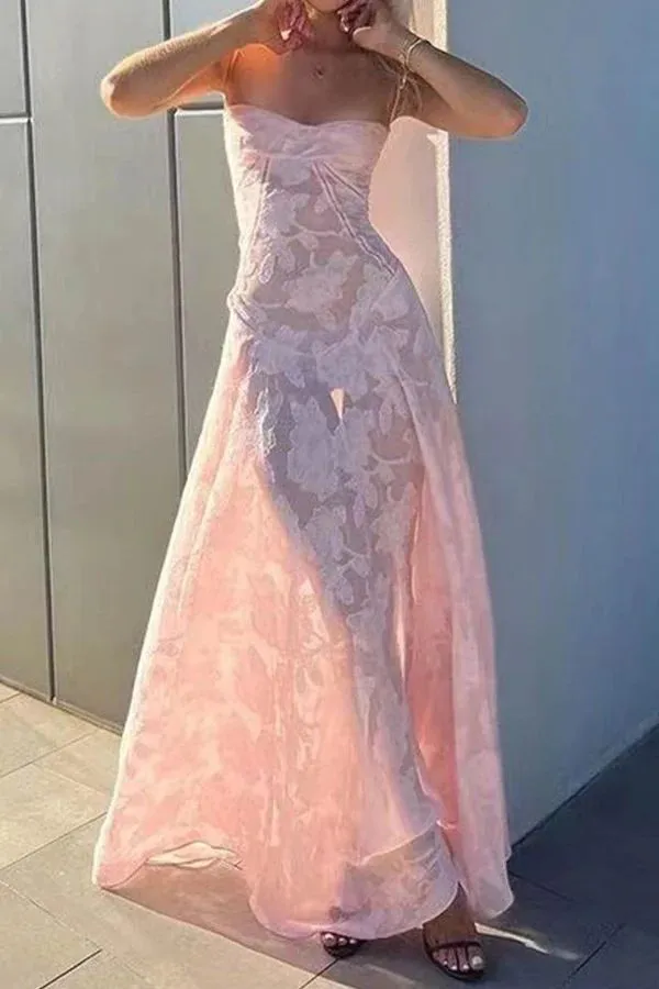 Sexy Spaghetti Straps Sleeveless Pink Lace Prom Dress    fg4887