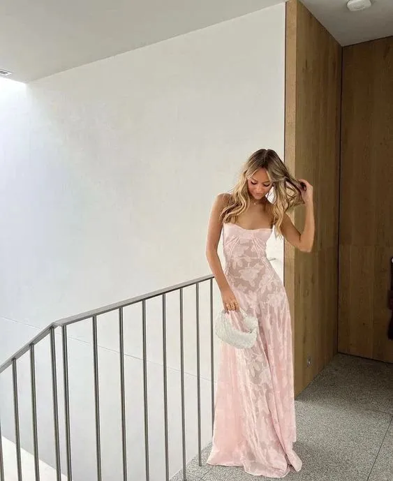 Sexy Spaghetti Straps Sleeveless Pink Lace Prom Dress    fg4887