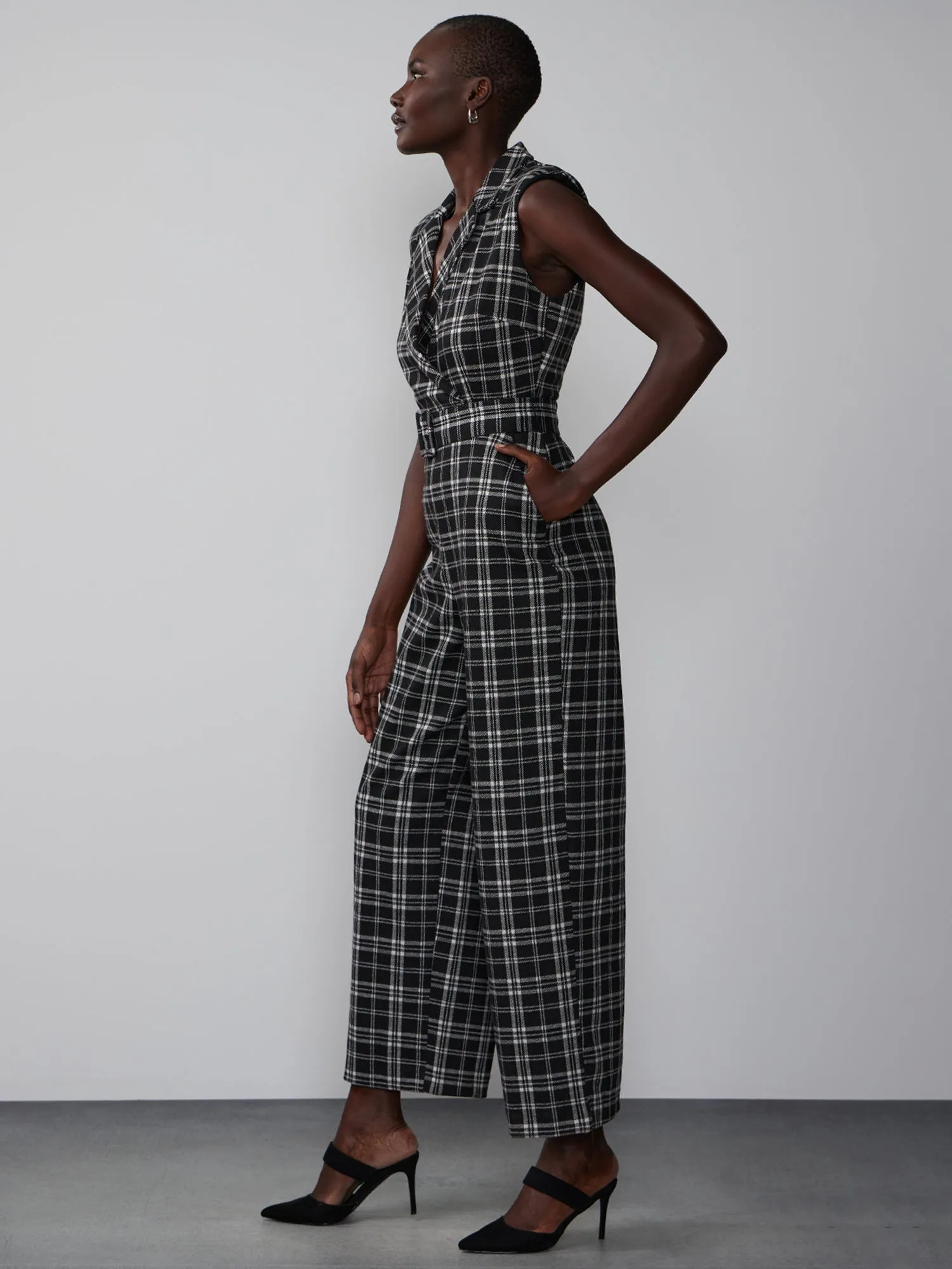 Sleeveless Belted Plaid Jumpsuit