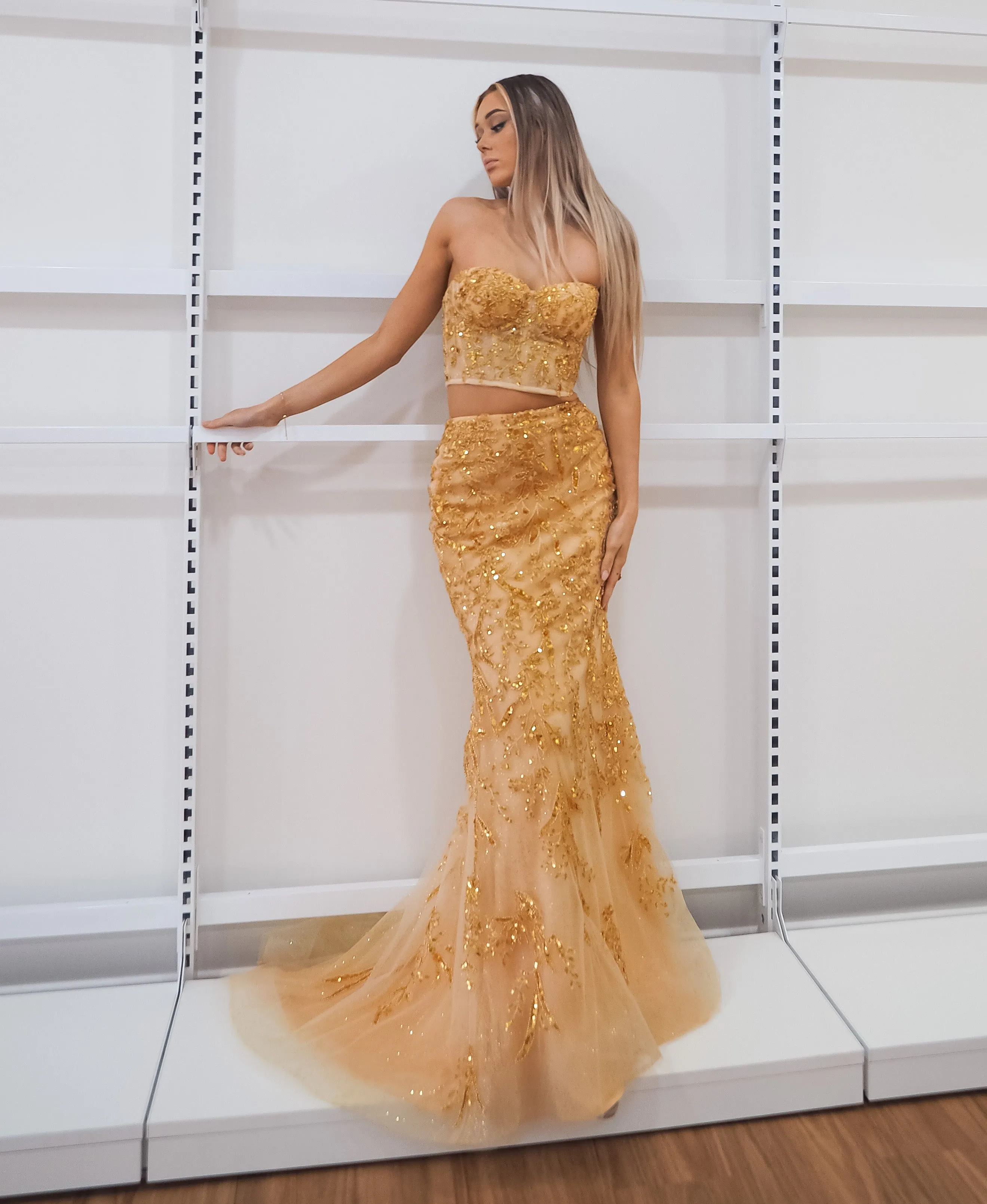 Sparkling gold bustier two piece mermaid dress