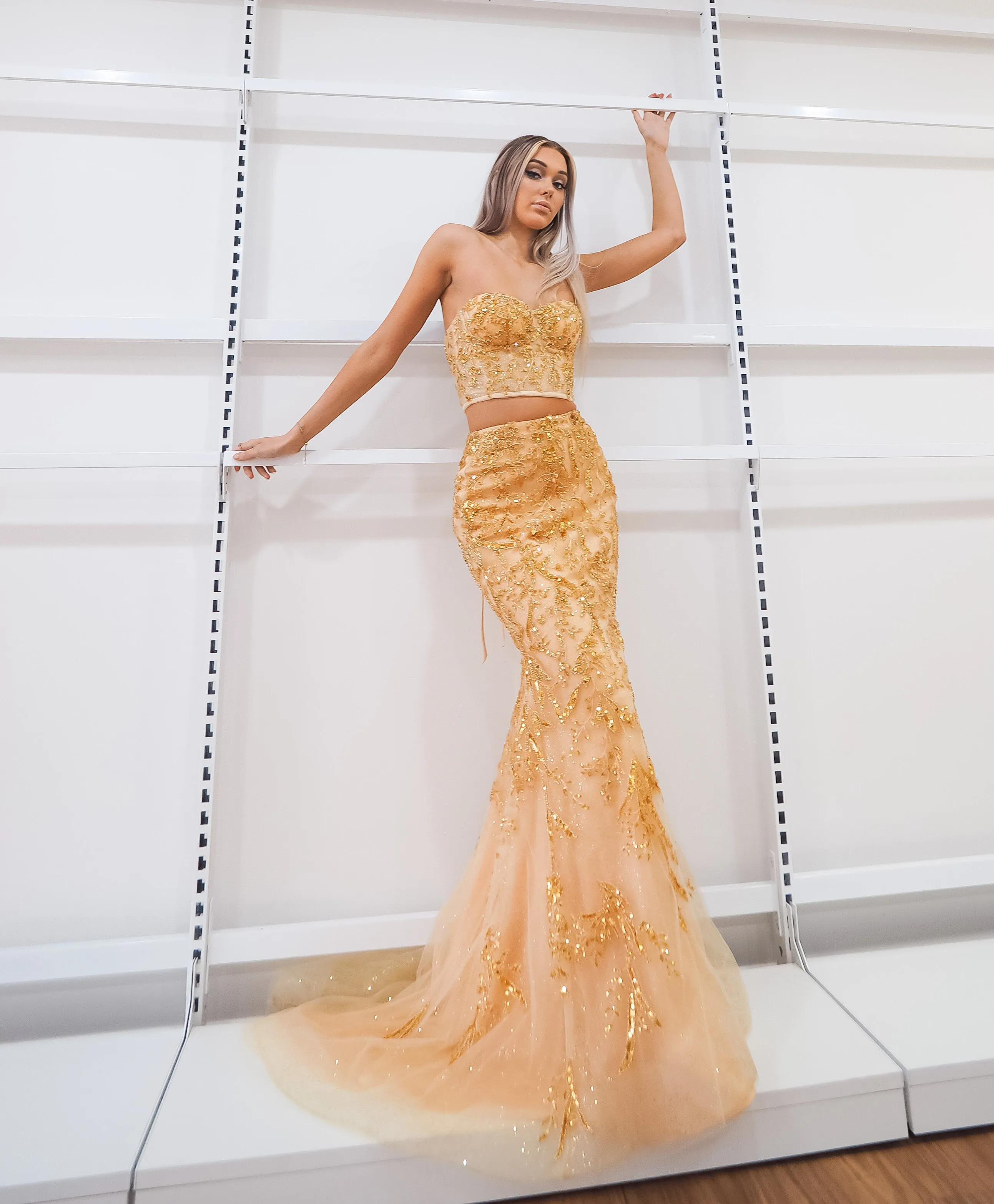 Sparkling gold bustier two piece mermaid dress