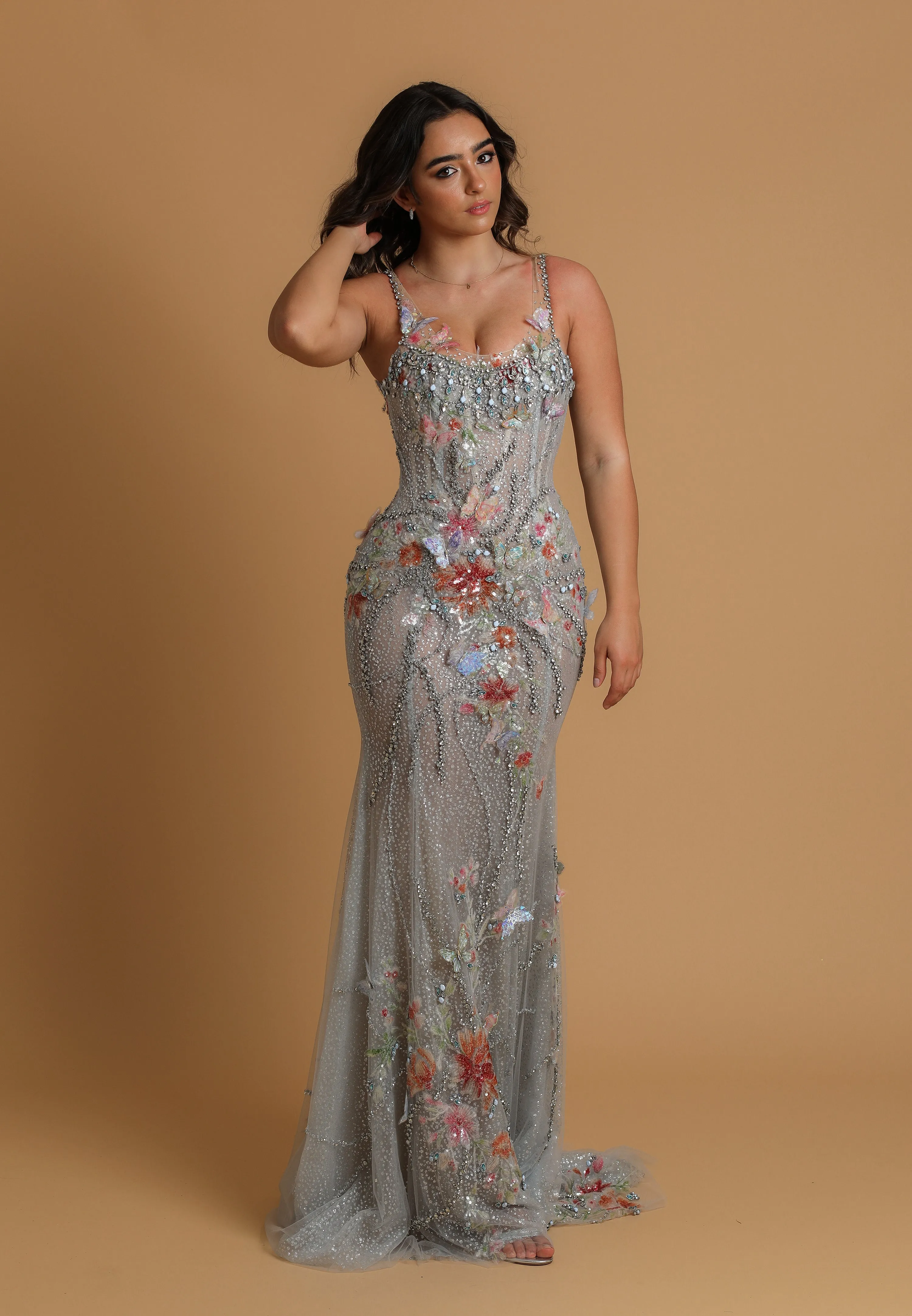 sparkling silver with butterfly and peony rose details mermaid dress