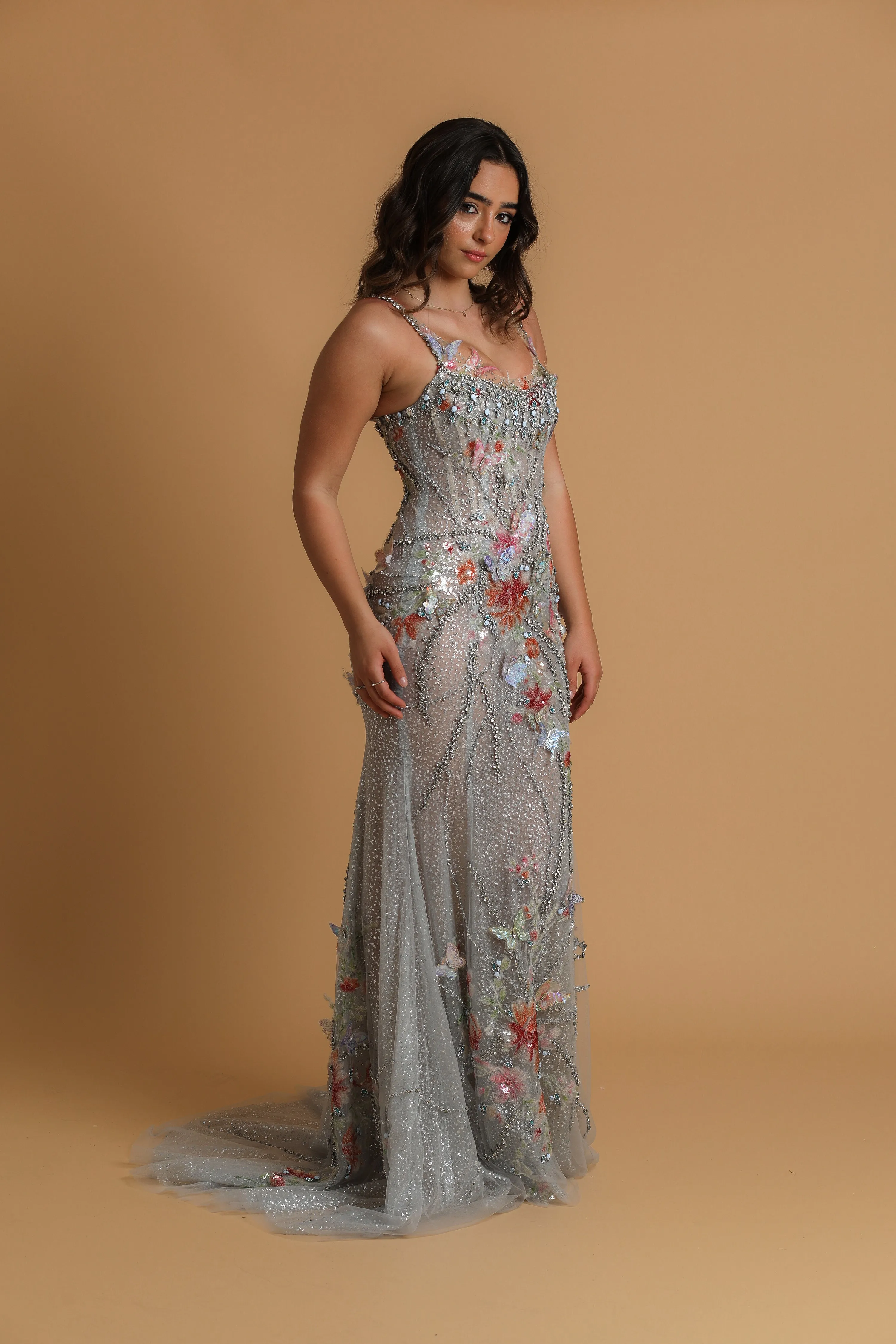 sparkling silver with butterfly and peony rose details mermaid dress