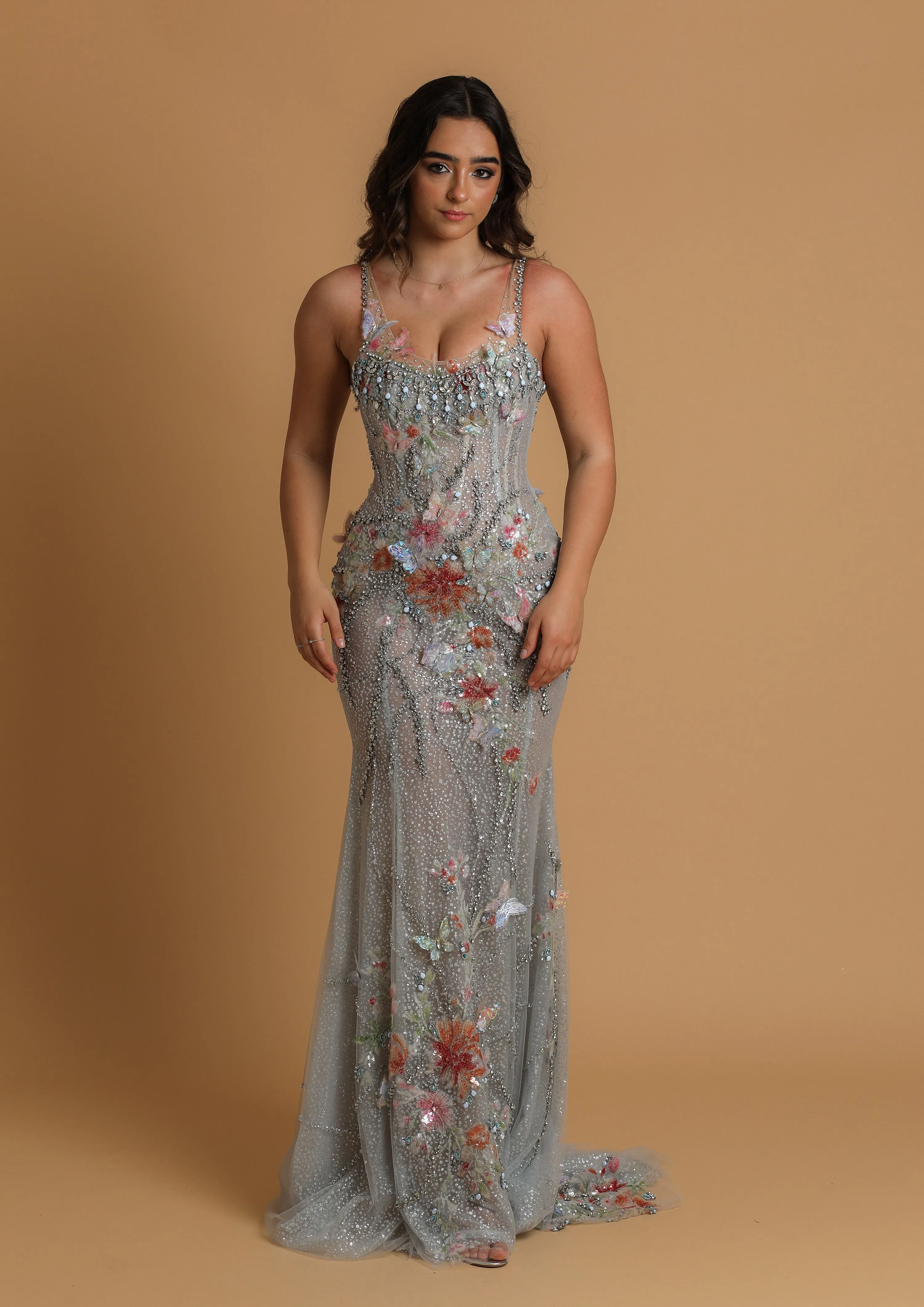 sparkling silver with butterfly and peony rose details mermaid dress