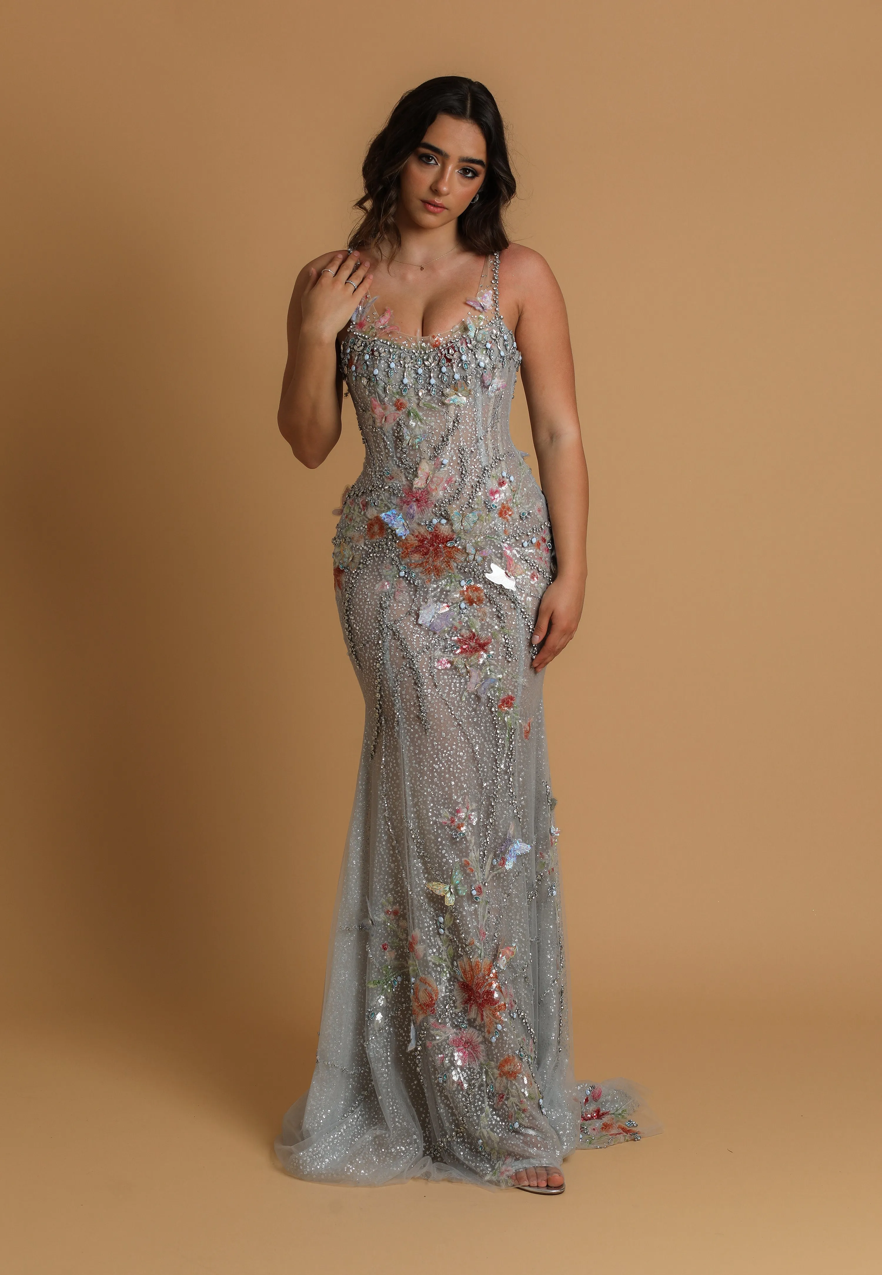 sparkling silver with butterfly and peony rose details mermaid dress