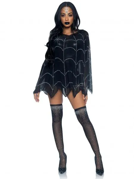 Spider Web Rhinestone Costume Poncho - Black - One Size