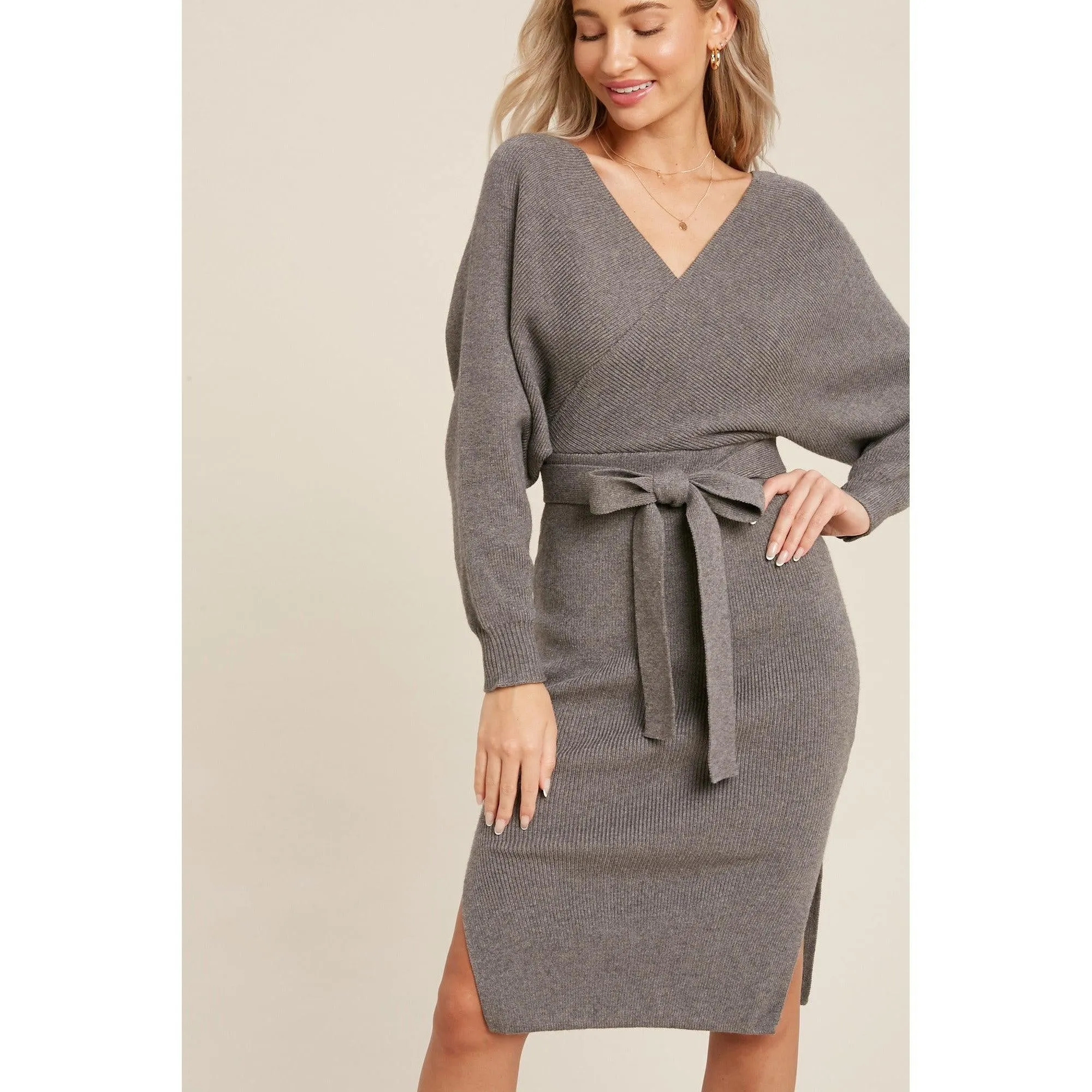 Surplice Belted Grey Sweater Dress