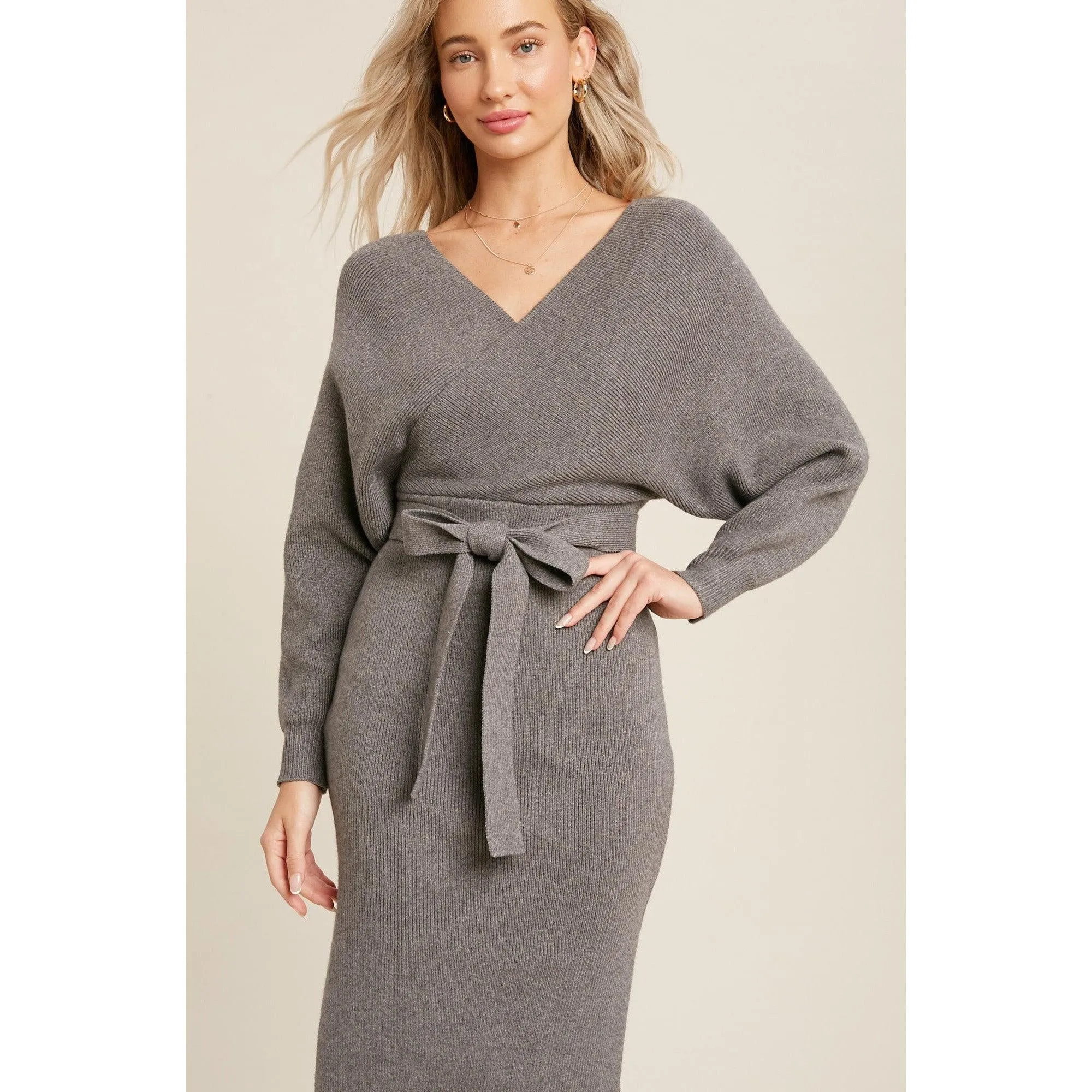 Surplice Belted Grey Sweater Dress