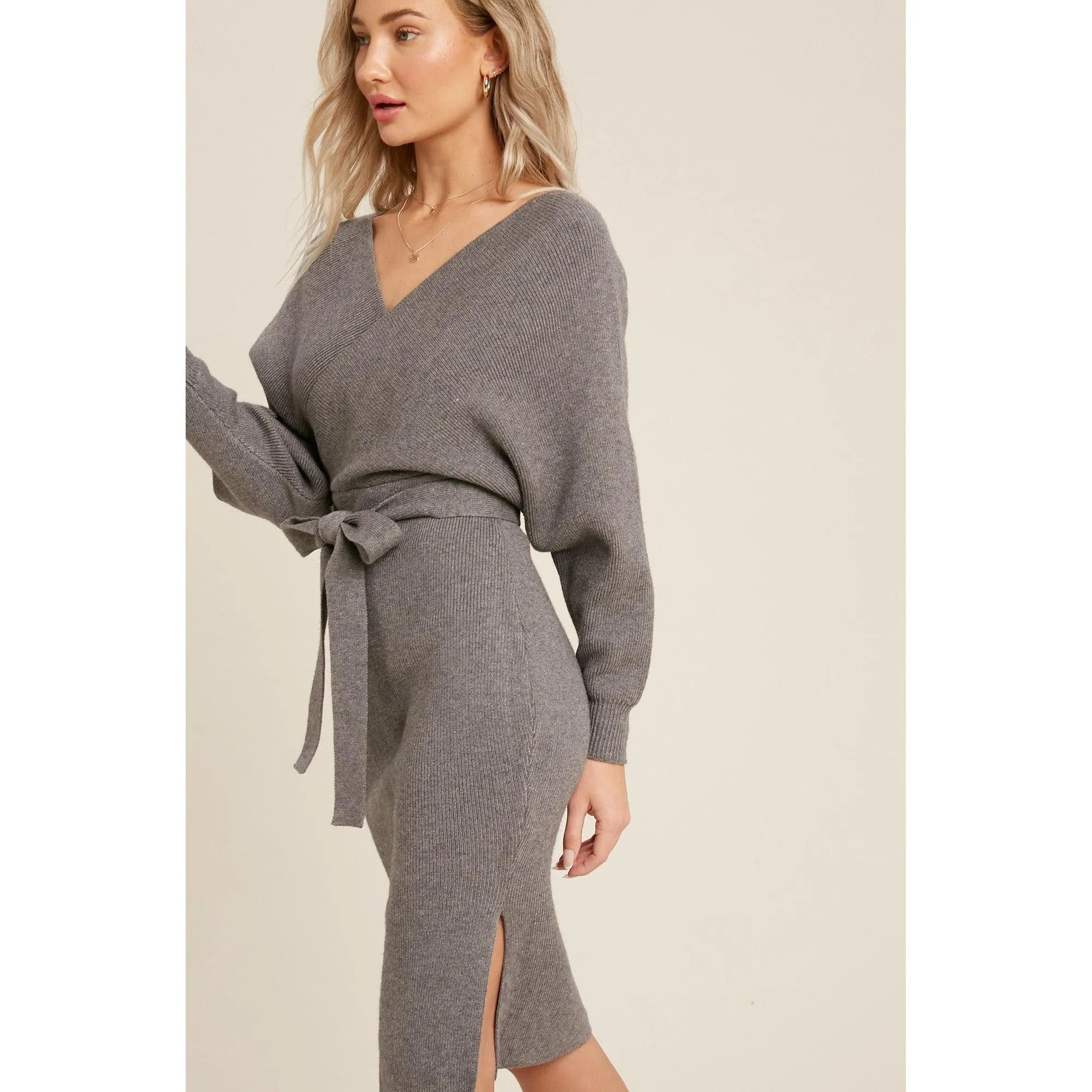 Surplice Belted Grey Sweater Dress